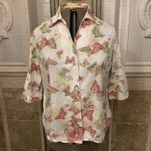 Kim Rogers. Sze 16P. Cotton Button Up Shirt.3/4 Sleeve. Eyelet. Embroidered B82.